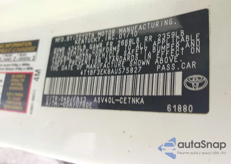 2010 Toyota Camry Le из США, поврежденный, VIN 4T1BF3EK8AU575827